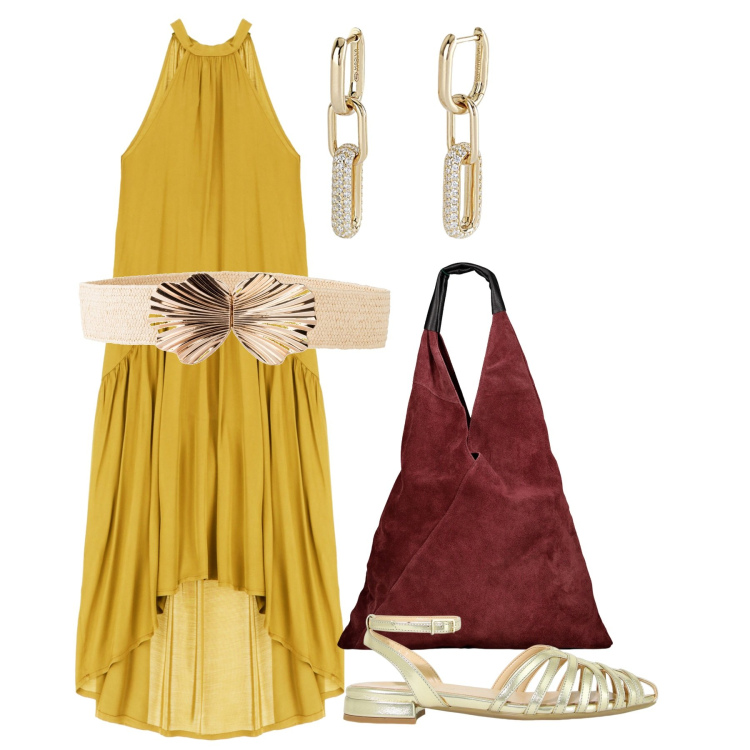 Outfit donna - Solare di sera. Stile Chic per Serata fuori. Abbinamento con cinture, orecchini, vestiti lunghi, sandali in pelle, borse a spalla.