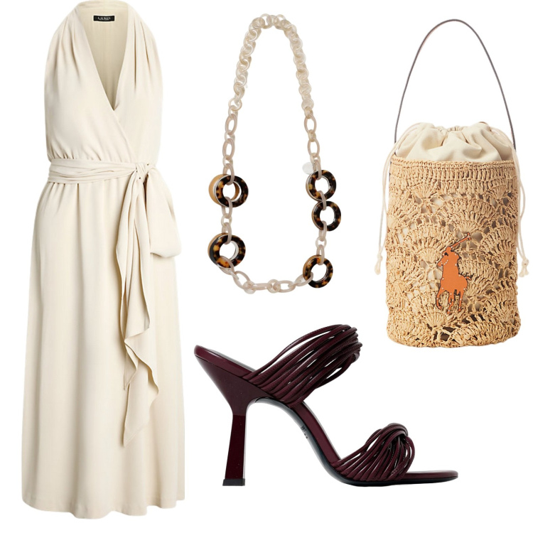Outfit donna - Summer night. Stile Chic per Serata fuori. Abbinamento con vestiti senza maniche, borse a secchiello, collane, sandali col tacco.