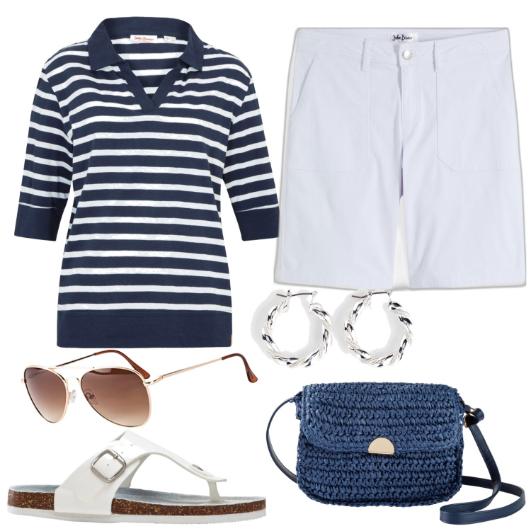 Outfit donna - Navy in bianco e blu. Stile Basic per Tutti i giorni. Abbinamento con polo, infradito, orecchini, occhiali da sole, borse a tracolla, bermuda.