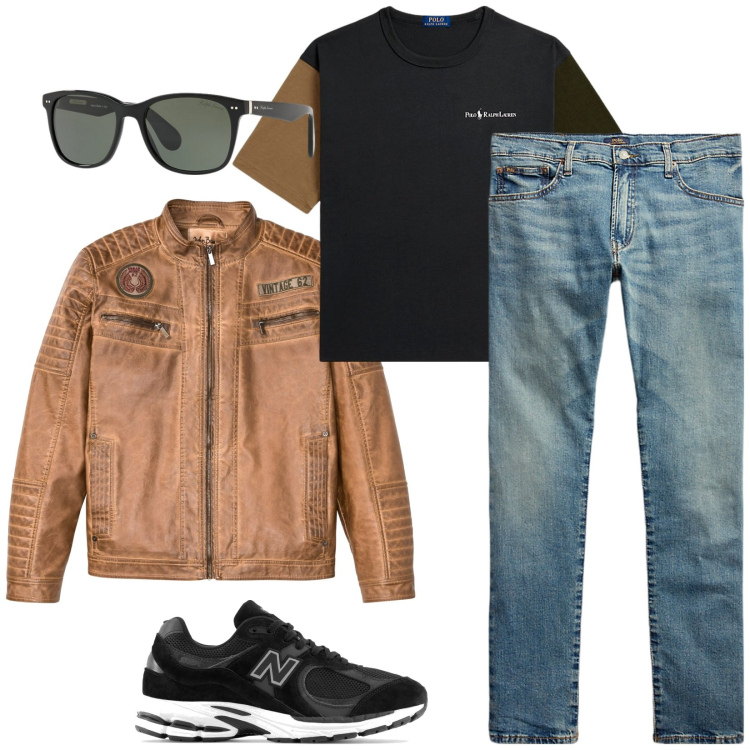 Outfit uomo - Il perfetto biker. Stile Casual per Tutti i giorni. Abbinamento con giacche, sneakers, jeans, t-shirt, occhiali da sole.
