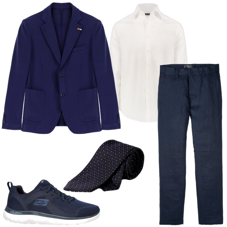 Outfit uomo - L\'eleganza del blu. Stile Casual per Tutti i giorni. Abbinamento con pantaloni, sneakers, giacche, camicie, cravatte.