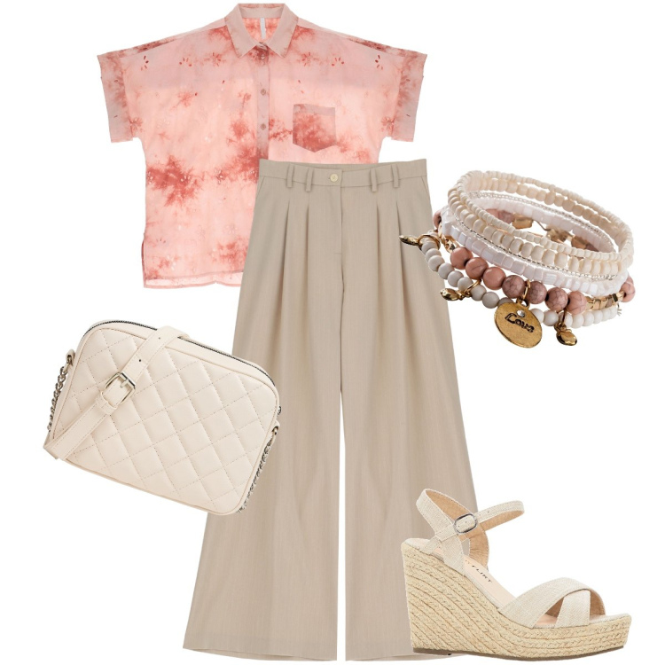Outfit donna - La camicia con il taschino. Stile Casual chic per Tutti i giorni. Abbinamento con braccialetti, sandali, borse a tracolla, pantaloni a palazzo, camicie a manica corta.