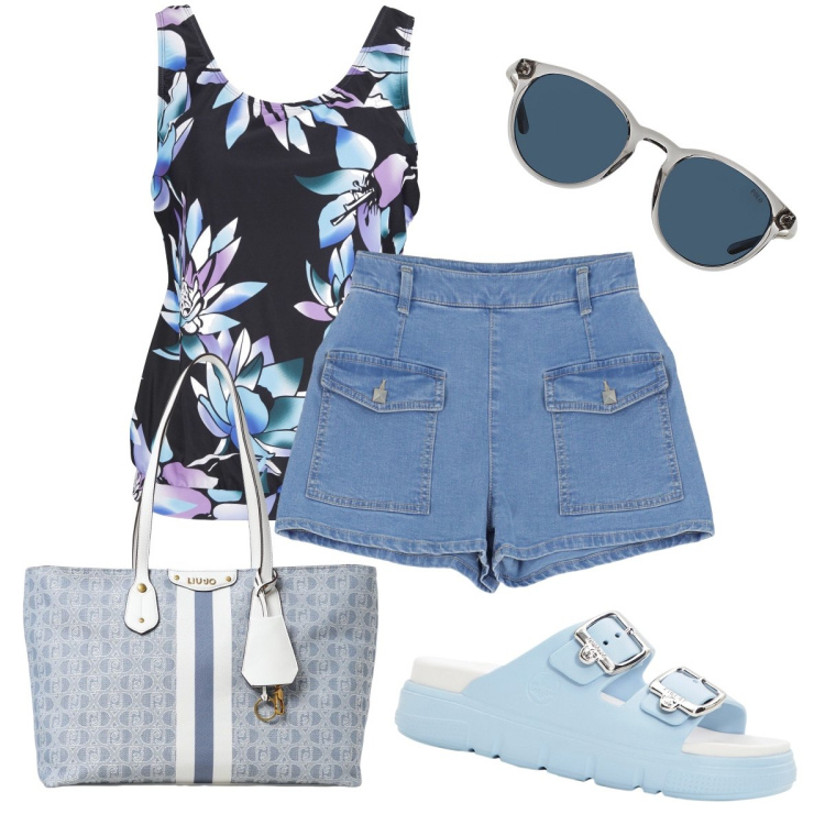 Outfit donna - Ferragosto al mare. Stile Casual chic per Mare. Abbinamento con ciabatte, top, shorts, occhiali da sole, borse tote.