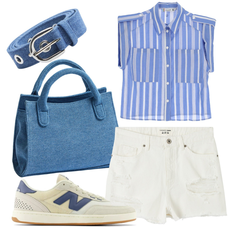 Outfit donna - Agosto. Stile Casual per Tutti i giorni. Abbinamento con shorts, borse a tracolla, cinture, sneakers, camicie.