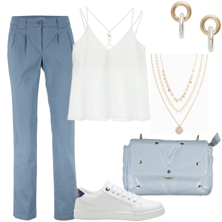 Outfit donna - Total look #1937245. Stile Casual chic per Tutti i giorni. Abbinamento con pantaloni chino, collane, sneakers, canottiere, orecchini, borse a tracolla.