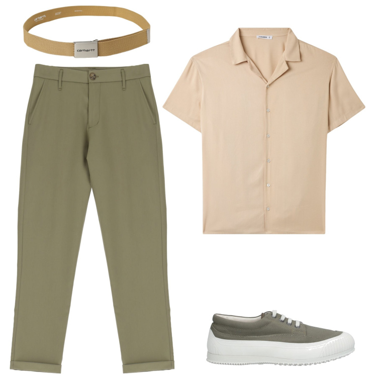 Outfit uomo - Verde salvia e tonalità sabbia. Stile Casual per Tutti i giorni. Abbinamento con sneakers, camicie a manica corta, pantaloni, cinture.