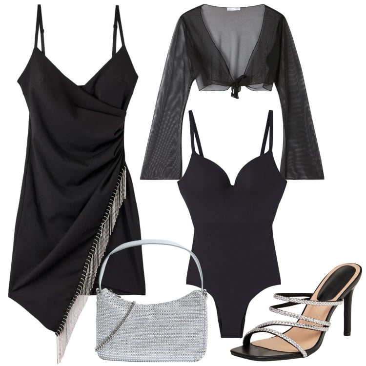 Outfit donna - Sexy di sera. Stile Sexy per Serata fuori. Abbinamento con vestiti asimmetrici, body, bolero, sandali col tacco, borse a tracolla.