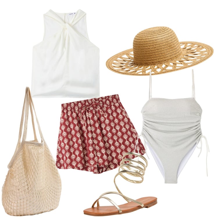 Outfit donna - Total look #1937305. Stile Casual per Mare. Abbinamento con shorts, top, costumi interi, borse a spalla, sandali, cappelli.