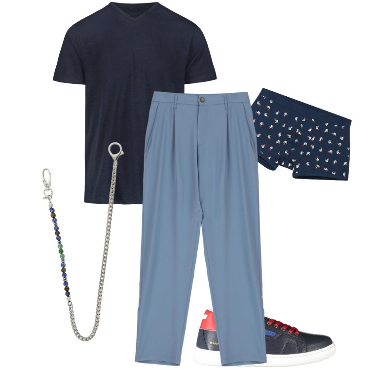 Outfit uomo - La t-shirt blu. Stile Business/Elegante per Serata speciale. Abbinamento con boxer, collane, pantaloni, sneakers, t-shirt.