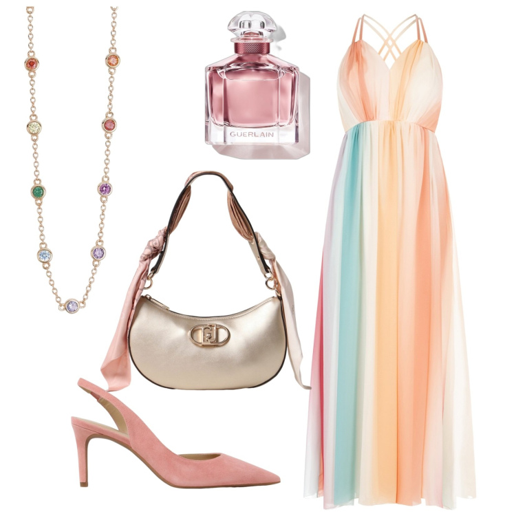 Outfit donna - Evento di ferragosto. Stile Glamour per Serata fuori. Abbinamento con profumi, collane, vestiti lunghi, scarpe col tacco, borse a spalla.
