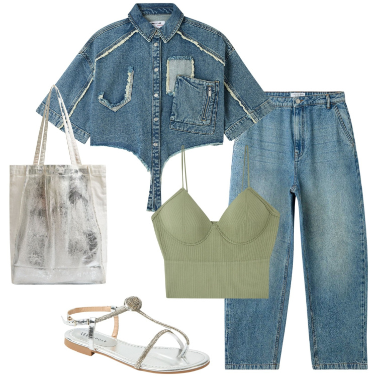 Outfit donna - Total look #1937324. Stile Casual per Tutti i giorni. Abbinamento con camicie a manica corta, jeans, top, ciabatte, shopping bag.