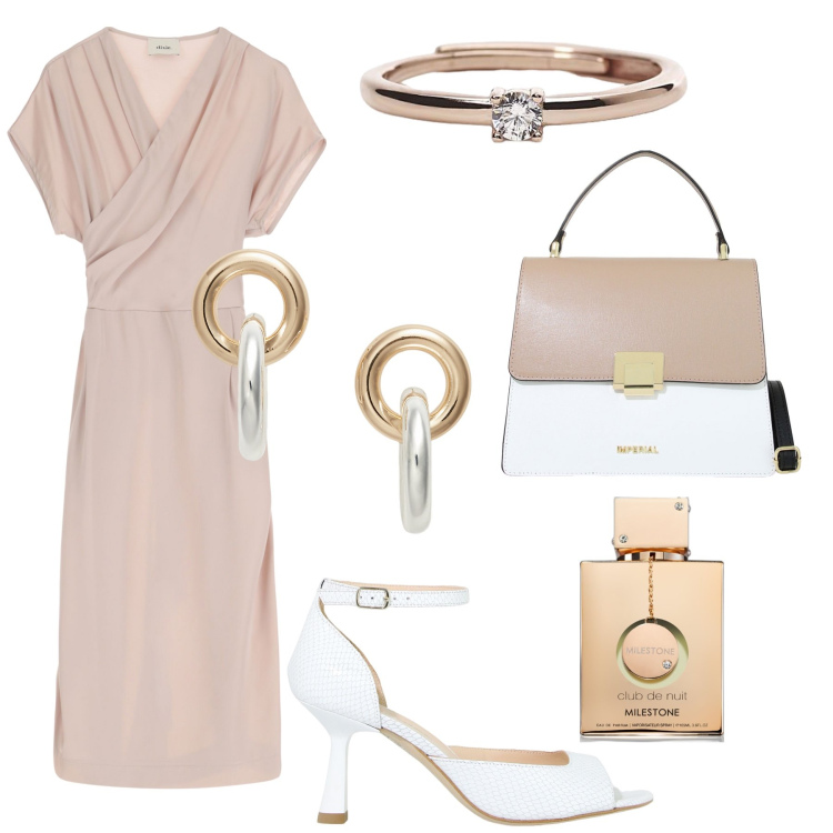 Outfit donna - Classe per la cerimonia all’improvviso. Stile Glamour per Cerimonia. Abbinamento con profumi, anelli, décolleté, borse a spalla, vestiti midi/longuette, orecchini.