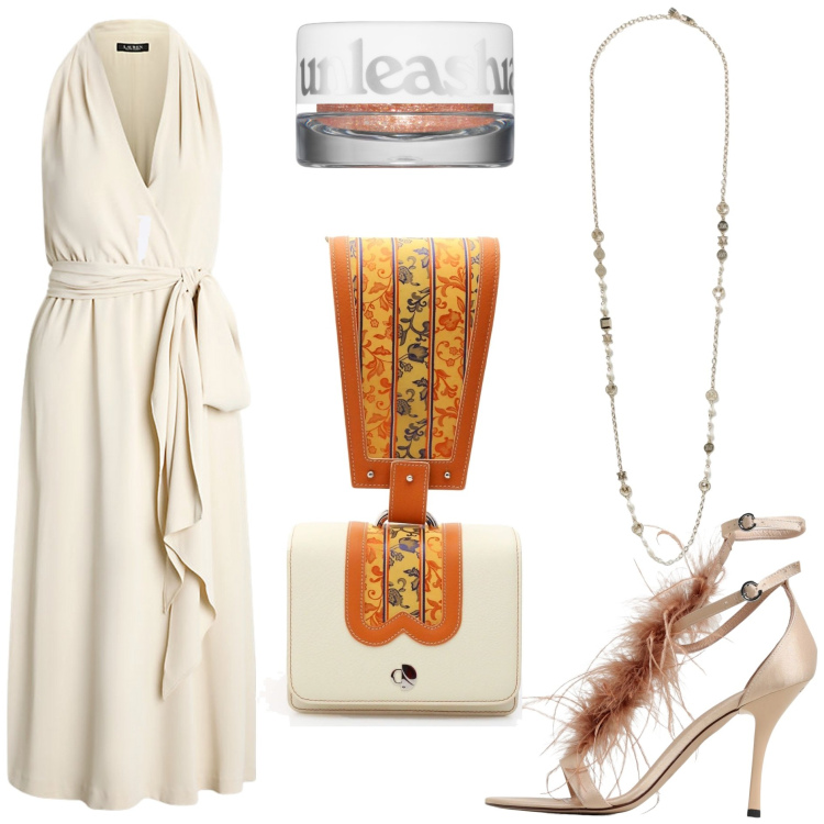 Outfit donna - Glitter. Stile Chic per Serata fuori. Abbinamento con ombretti, vestiti senza maniche, borse a mano, sandali col tacco, collane.