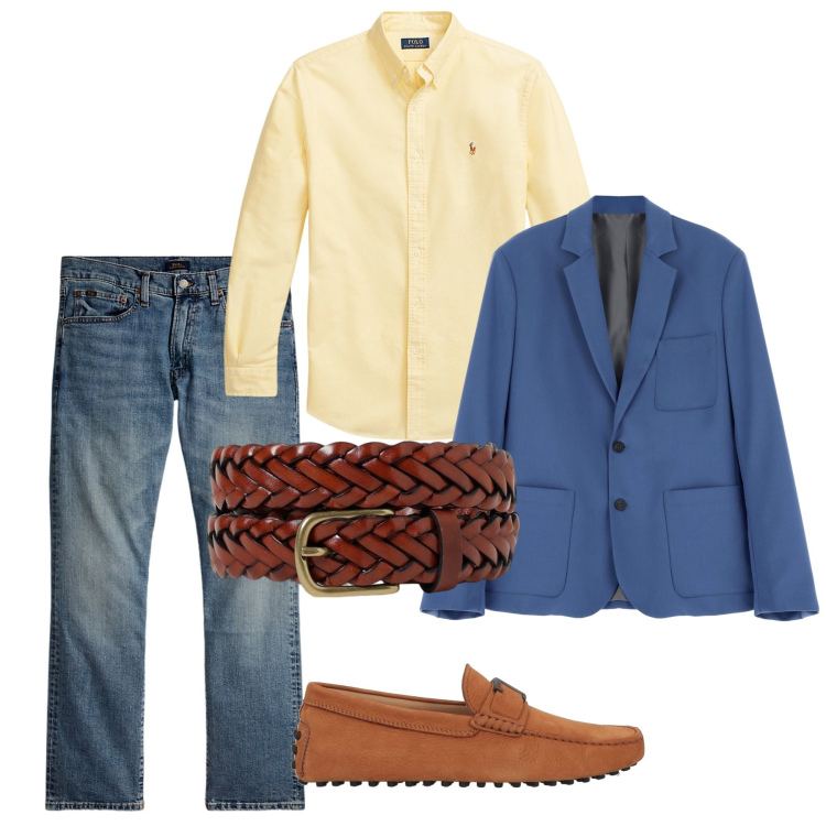 Outfit uomo - In giacca per fine estate. Stile Casual per Serata speciale. Abbinamento con scarpe stringate, giacche, camicie, jeans dritti, cinture.