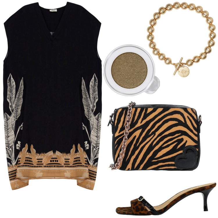 Outfit donna - Summer night glamour. Stile Glamour per Serata fuori. Abbinamento con borse a tracolla, ombretti, vestiti asimmetrici, sandali col tacco, braccialetti.