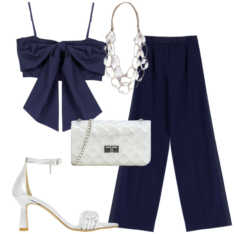 Outfit donna - Blu. Stile Trendy per Tutti i giorni. Abbinamento con borse a tracolla, pantaloni, top, décolleté, collane.