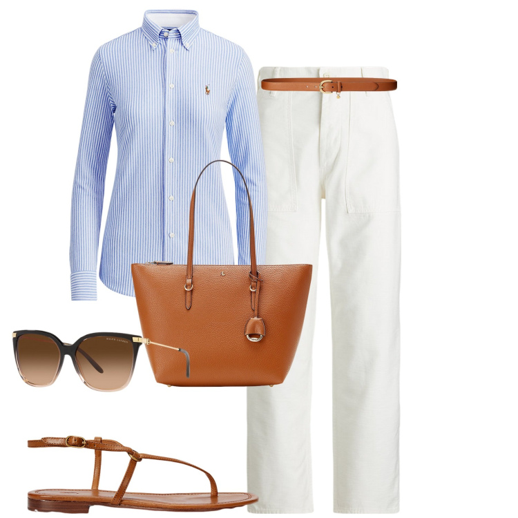 Outfit donna - Work wear. Stile Casual chic per Ufficio. Abbinamento con camicie, occhiali da sole, cinture, sandali in pelle, pantaloni, borse tote.