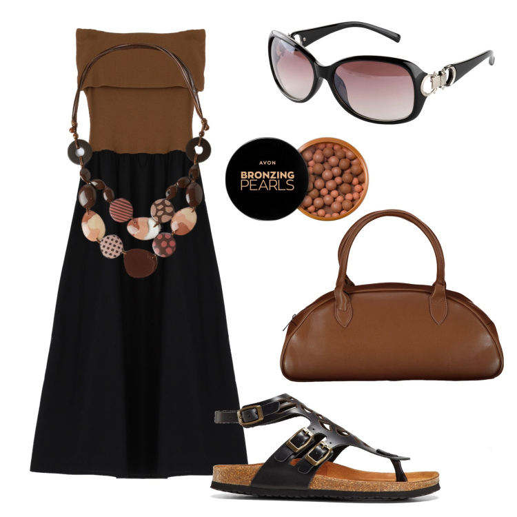 Outfit donna - L’abito con scollo alla Bardot. Stile Trendy per Tutti i giorni. Abbinamento con sandali in pelle, occhiali da sole, blush, vestiti lunghi, collane, borse a spalla.