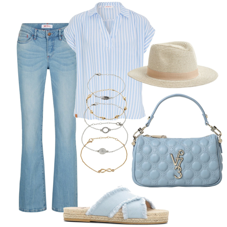 Outfit donna - Easy in città. Stile Trendy per Tutti i giorni. Abbinamento con bluse, jeans bootcut, braccialetti con ciondoli, ciabatte, cappelli, borse a mano.
