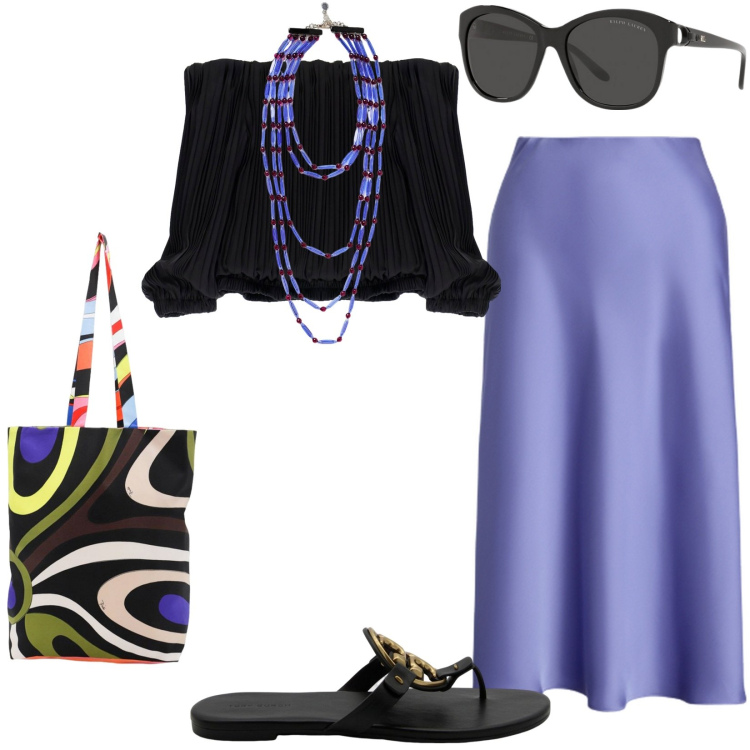 Outfit donna - Total look #1937376. Stile Trendy per Serata fuori. Abbinamento con top, occhiali da sole, gonne, collane, borse tote, ciabatte.