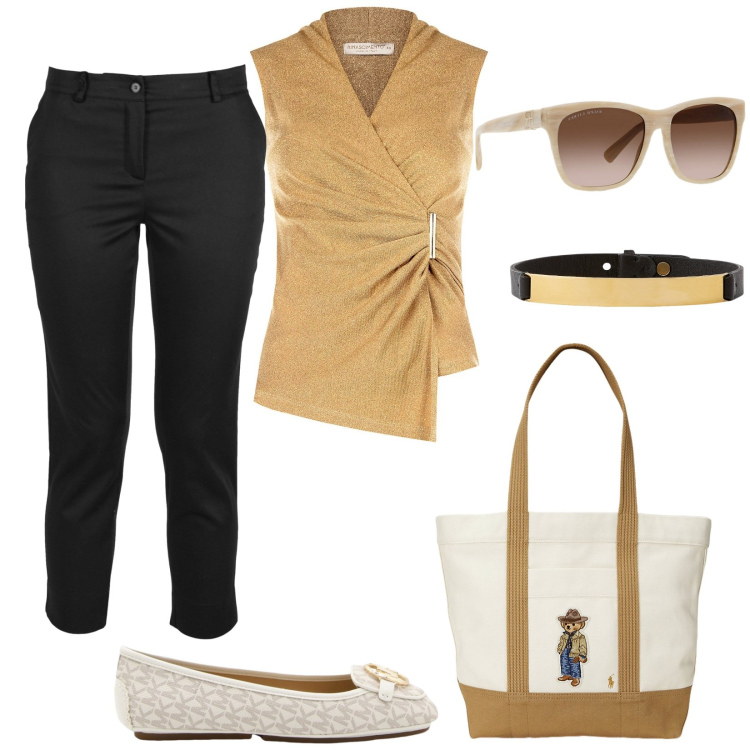 Outfit donna - Total look #1937378. Stile Casual per Ufficio. Abbinamento con top, occhiali da sole, borse tote, collane, pantaloni, ballerine.
