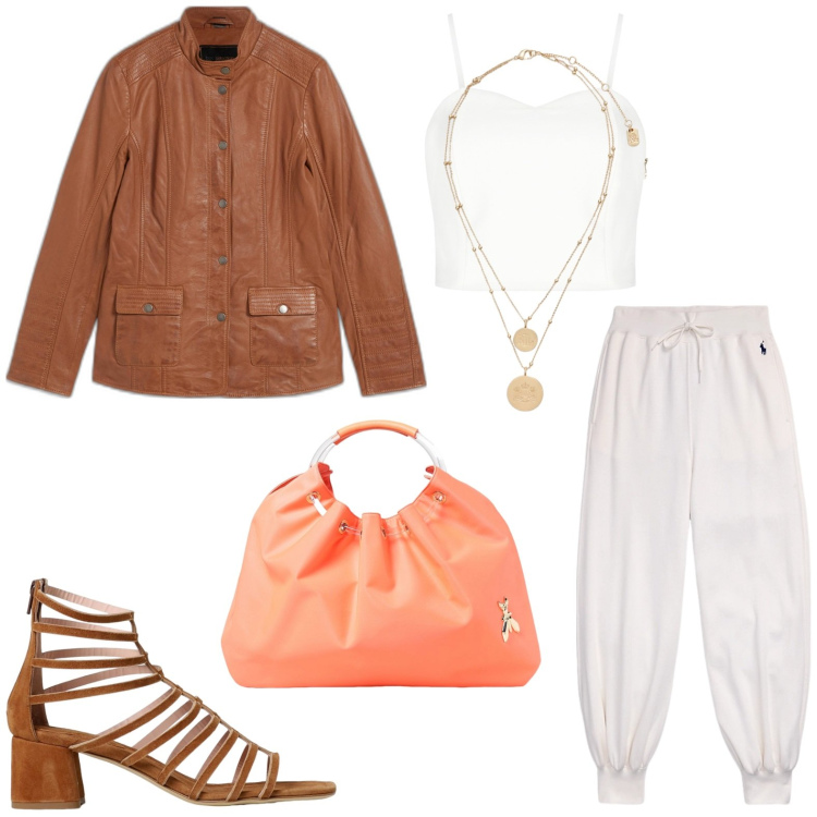 Outfit donna - La borsa arancio. Stile Basic per Tutti i giorni. look ideale per Petite. Abbinamento con blazer, top, ciondoli, pantaloni, sandali col tacco, borse a spalla.