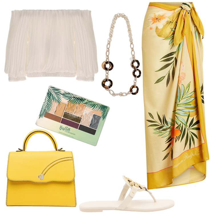 Outfit donna - Estate a Siviglia. Stile Glamour per Serata fuori. Abbinamento con ombretti, top, gonne, borse a mano, ciabatte, collane.