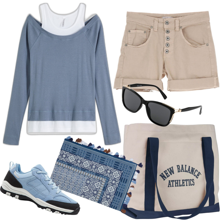 Outfit donna - Beige e celeste in baita. Stile Casual per Tutti i giorni. Abbinamento con occhiali da sole, scarpe sportive, maglieria, borse tote, shorts, foulard.