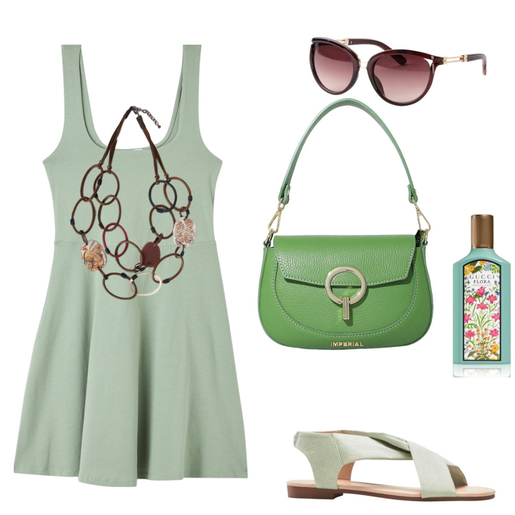 Outfit donna - Verde protagonista. Stile Glamour per Tutti i giorni. Abbinamento con occhiali da sole, sandali, profumi, vestiti midi/longuette, borse a spalla, collane.