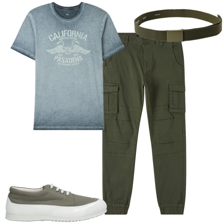 Outfit uomo - Army and indigo. Stile Casual per Tutti i giorni. Abbinamento con sneakers, t-shirt, pantaloni cargo, cinture.