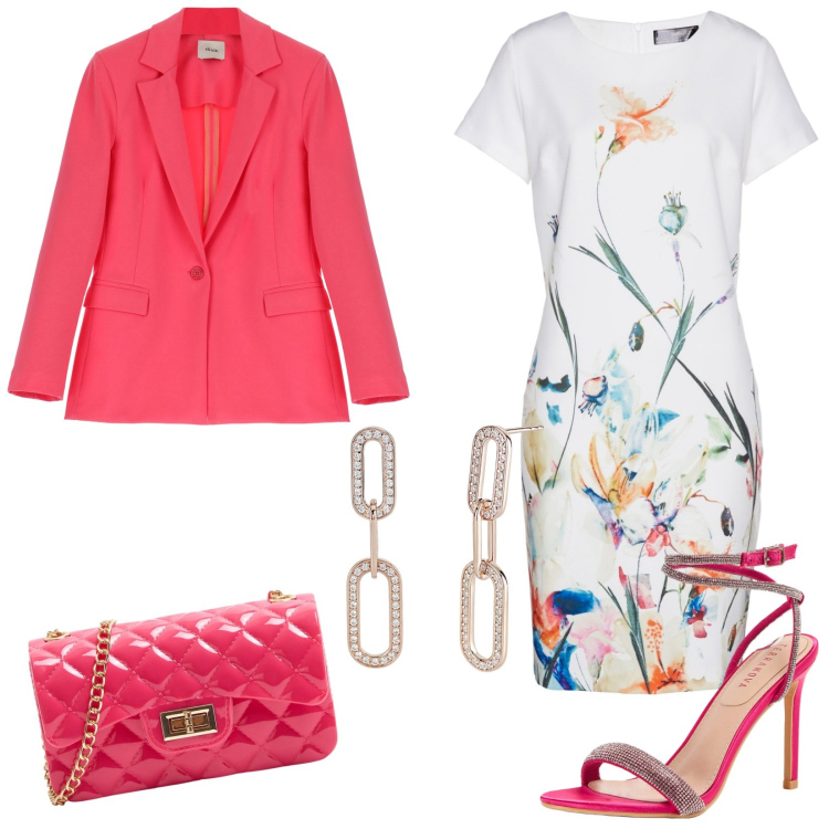 Outfit donna - Il giardino sull\'abito. Stile Chic per Cerimonia. Abbinamento con vestiti a tubino, borse a tracolla, sandali col tacco, orecchini, blazer.