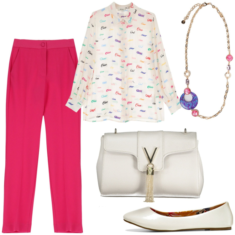 Outfit donna - Total look #1937418. Stile Chic per Ufficio. Abbinamento con ballerine, pantaloni, camicie, ciondoli, borse a tracolla.