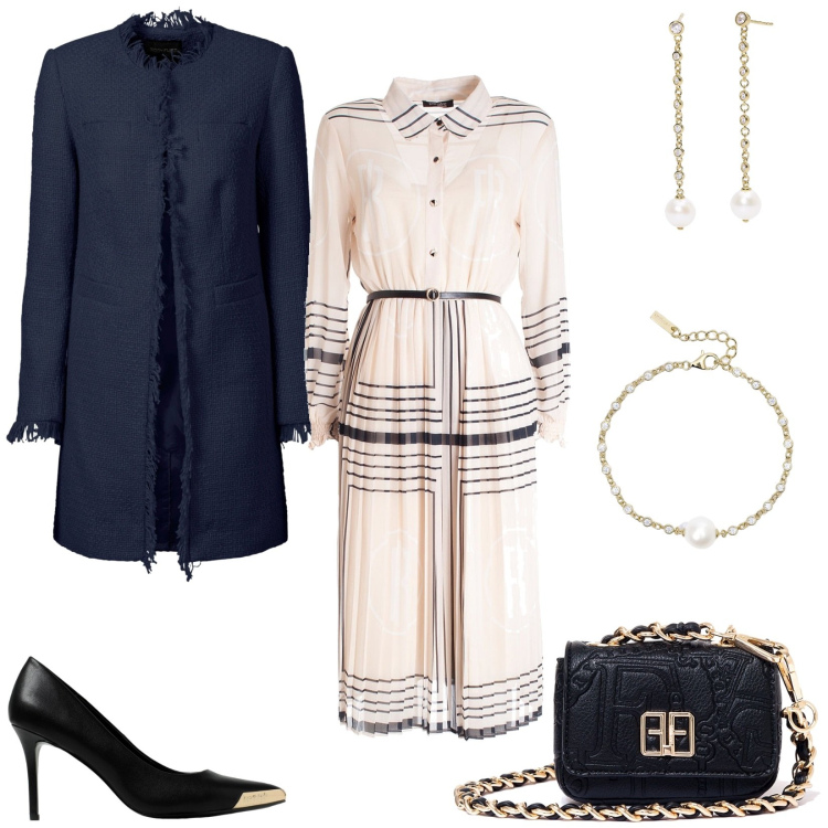 Outfit donna - Abito chemisier plissettato. Stile Trendy per Cerimonia. Abbinamento con blazer, orecchini, braccialetti, vestiti chemisier, marsupi, scarpe col tacco.