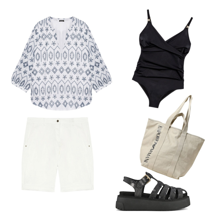 Outfit donna - Mare e stile. Stile Casual chic per Mare. Abbinamento con costumi interi, bluse, pantaloni corti, sandali, borse tote.