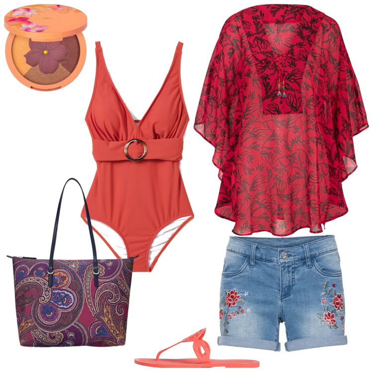 Outfit donna - Voglia di mare. Stile Casual per Mare. Abbinamento con vestiti da spiaggia, costumi interi, shorts, ombretti, borse tote, ciabatte.