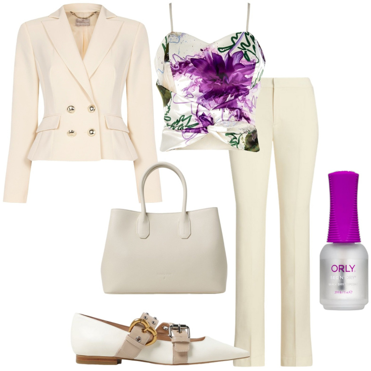 Outfit donna - Total look #1937443. Stile Chic per Serata fuori. Abbinamento con smalti, top, blazer, pantaloni, ballerine, borse a mano.
