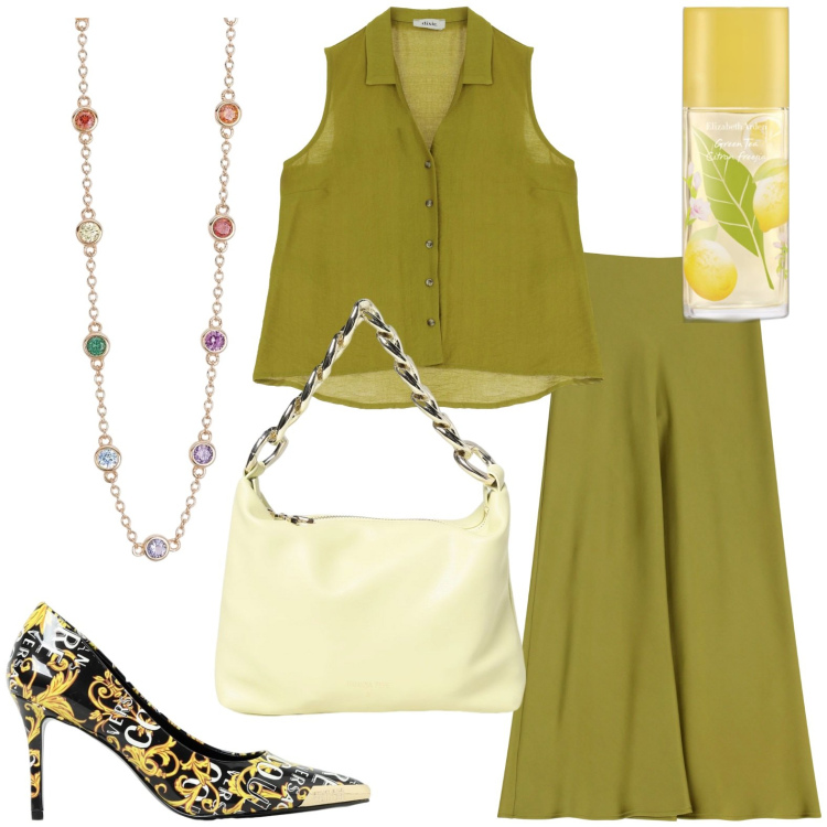 Outfit donna - Total look #1937451. Stile Casual chic per Tutti i giorni. Abbinamento con profumi, collane, gonne lunghe, bluse, scarpe col tacco, borse a spalla.
