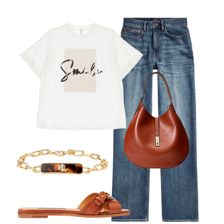 Outfit donna - Weekend. Stile Casual chic per Tutti i giorni. Abbinamento con t-shirt, borse a spalla, sandali col tacco, jeans dritti, braccialetti.