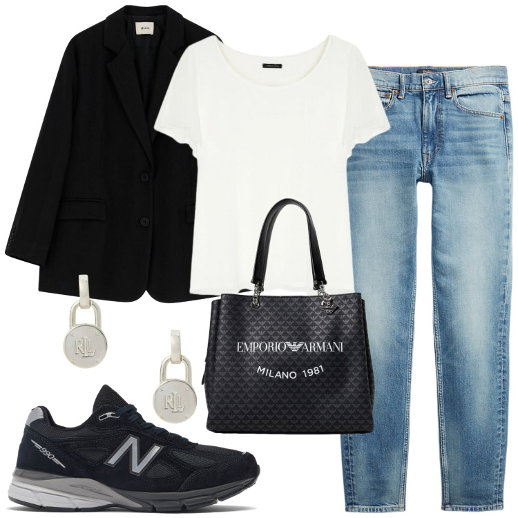Outfit donna - Rainy day. Stile Casual chic per Tutti i giorni. Abbinamento con sneakers, blazer, orecchini, jeans skinny, borse tote, t-shirt.