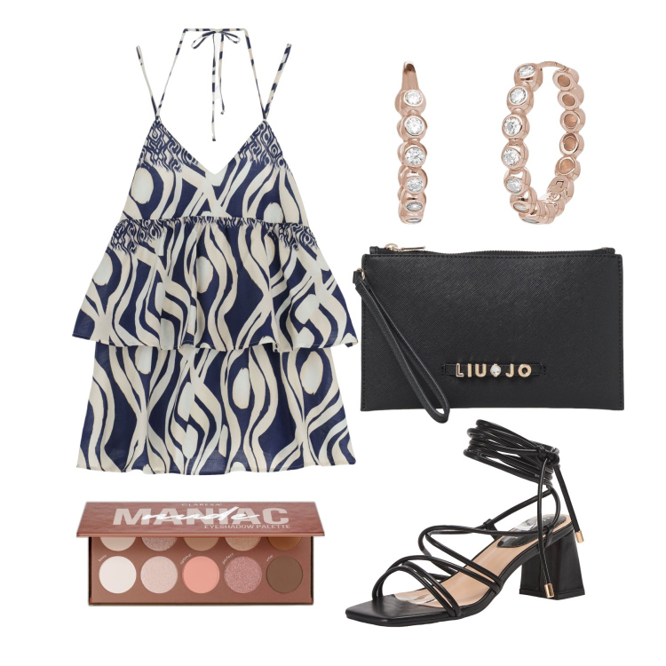 Outfit donna - Ghost outfitter - agosto. Stile Glamour per Serata fuori. Abbinamento con ombretti, sandali alla schiava, orecchini, vestiti corti, clutch.