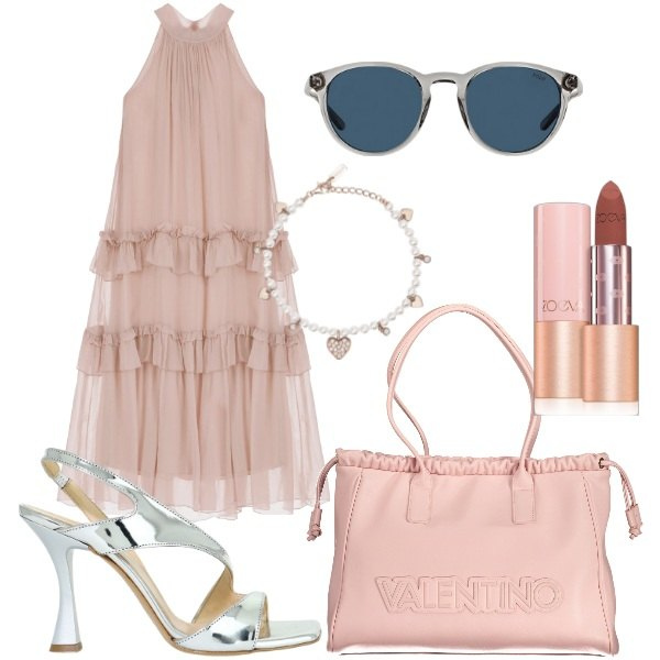 Outfit donna - trasparenze. Stile Romantica per Serata fuori. Abbinamento con rossetti, braccialetti, occhiali da sole, vestiti lunghi, sandali in pelle, borse a spalla.