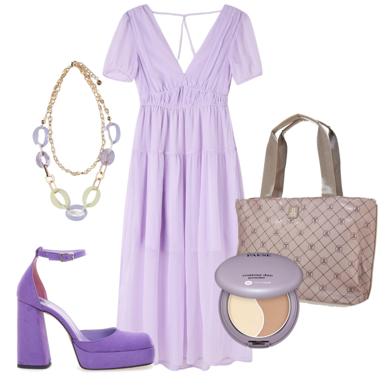 Outfit donna - Viola d\'agosto. Stile Romantica per Tutti i giorni. Abbinamento con terre, vestiti, décolleté, ciondoli, borse a spalla.