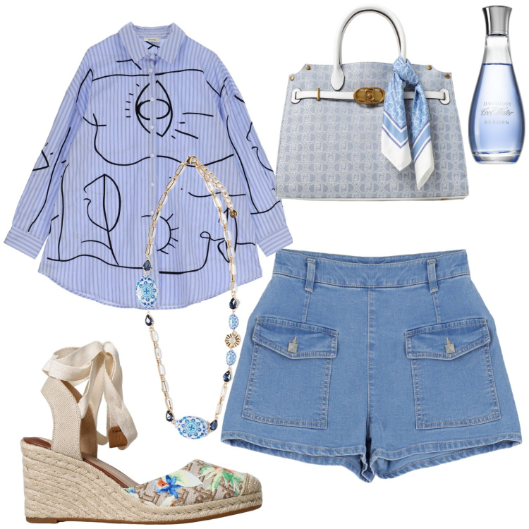 Outfit donna - Total look #1937667. Stile Casual per Tutti i giorni. Abbinamento con profumi, shorts, camicie, zeppe, borse tote, ciondoli.