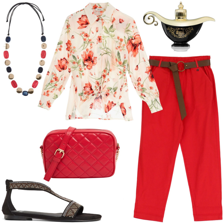 Outfit donna - Total look #1937678. Stile Casual per Tutti i giorni. Abbinamento con sandali, profumi, borse a tracolla, camicie, pantaloni, collane.