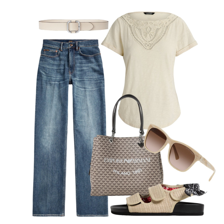 Outfit donna - Voglia di semplicità. Stile Bon Ton per Tutti i giorni. Abbinamento con occhiali da sole, t-shirt, jeans dritti, cinture, borse tote, sandali.