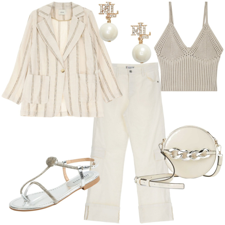 Outfit donna - Total look #1937708. Stile Casual per Tutti i giorni. Abbinamento con borse a tracolla, top, ciabatte, pantaloni cargo, blazer, orecchini.