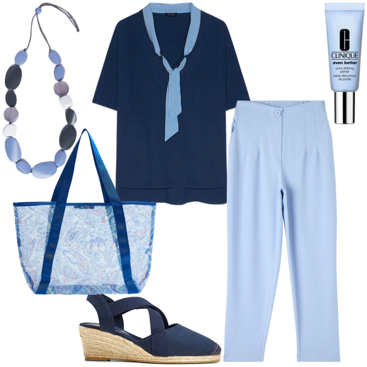 Outfit donna - Total look #1937716. Stile Casual per Ufficio. Abbinamento con sandali col tacco, primer, pantaloni chino, shopping bag, bluse, collane.