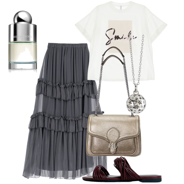 Outfit donna - Smile!. Stile Trendy per Serata fuori. Abbinamento con profumi, ciondoli, t-shirt, gonne lunghe, borse a spalla, sandali in pelle.