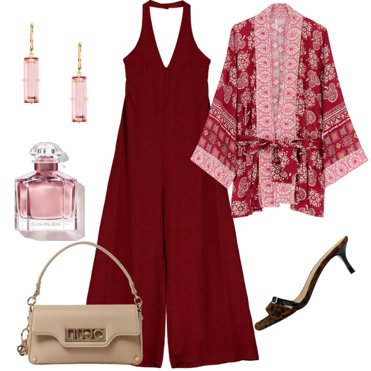 Outfit donna - #total look# cardigan da sogno. Stile Chic per Cerimonia. Abbinamento con profumi, cardigans, tute, sandali col tacco, orecchini, borse a tracolla.