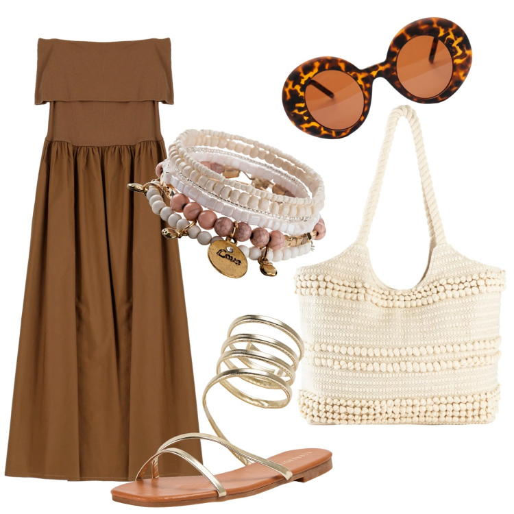 Outfit donna - Accessori protagonisti. Stile Etnico per Tutti i giorni. Abbinamento con braccialetti, shopping bag, sandali, vestiti lunghi, occhiali da sole.